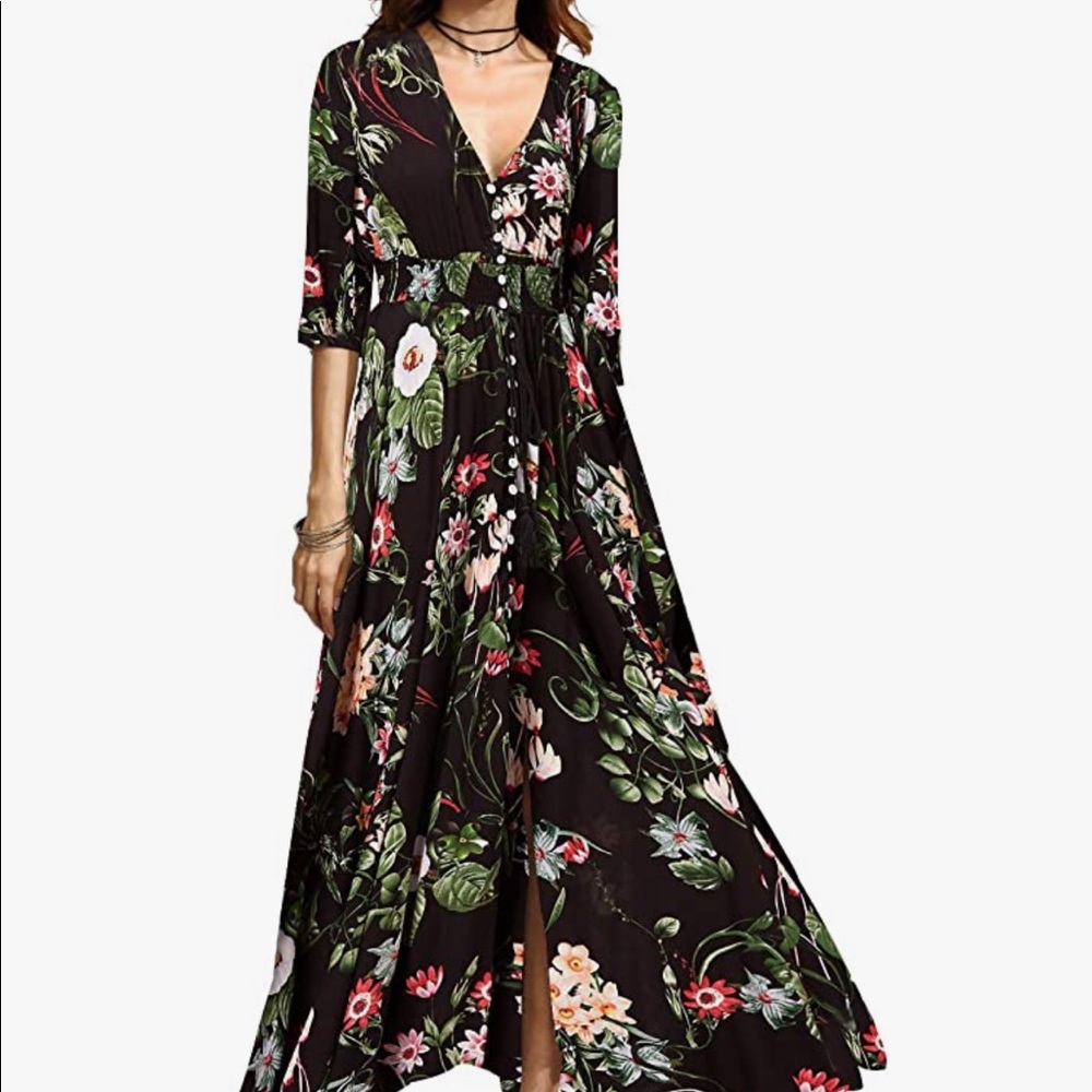 Black Floral Maxi Dress with Buttons and 3/4 Sleeves